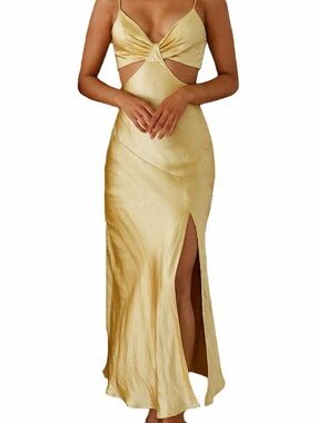 Gold Cutout Satin Maxi Dress with Thigh Slit